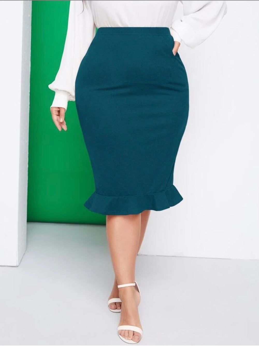 Teal A-Line Skirt with Scalloped Hem
